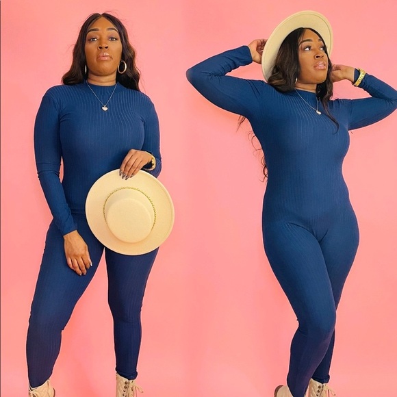 NEW FALL TRENDY NAVY BLUE LONG SLEEVE RIBBED MOCK NECK JUMPSUIT ROMPER - Picture 2 of 6